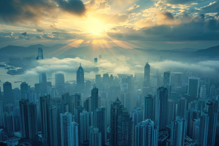 A bustling city with numerous towering buildings creating a mesmerizing skyline, City captured with skyscrapers reaching towards the cloud-streaked sky, AI Generatedの素材