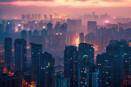 A Cityscape With Majestic, Illuminated Skyscrapers at Night, Cityscape softly illuminated by the break of dawn, AI Generatedの素材