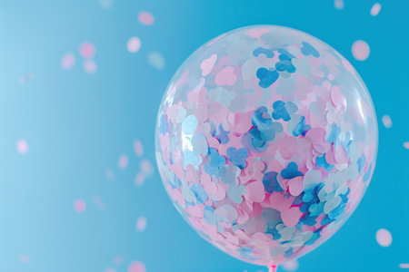 A brightly colored balloon with pink and blue stripes, adorned with confetti, floats in the air, Close-up of a clear balloon filled with pink and blue confetti, AI Generatedの素材