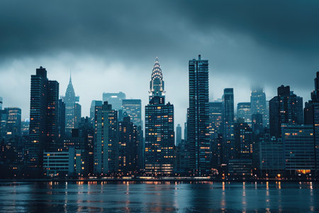 A cityscape ablaze with lights shines brightly against a dark and starless night sky, City skyline littered with skyscrapers in varying heights, AI Generatedの素材