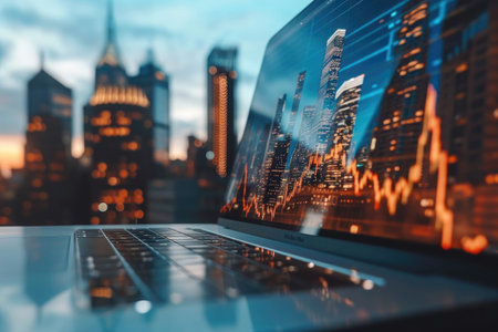 A laptop computer is placed on top of a sturdy wooden table in a well-lit room, City skyline reflected in the screen of a stock trading laptop, AI Generatedの素材