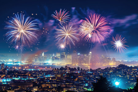 Colorful fireworks light up the dark sky as they explode and create a spectacular display over a bustling city, City view during a spectacular fireworks show, AI Generatedの素材