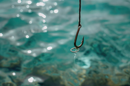 A fishing hook hangs from a fishing line, ready to catch fish in the water, Close-up of a fishing hook being lowered into the crystal clear water, AI Generatedの素材