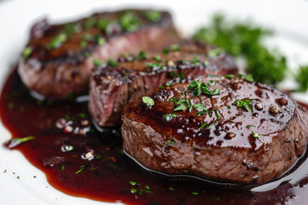 Close-Up of a Delicious Plate of Food With Juicy Steak, Close-up of delectable venison steak and red wine sauce, AI Generatedの素材