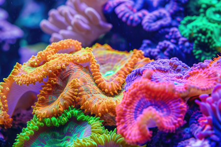 This close-up photo showcases a vibrant assortment of various colored corals, highlighting their intricate details, Close-up of coral formations in bright colors, AI Generatedの素材