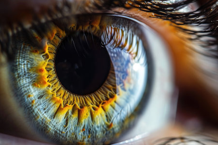 This close up photo captures the details of a persons blue eye, with the pupil constricting in response to light, Close up of human eye iris details, AI Generatedの素材