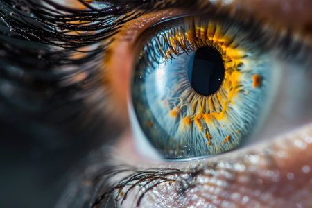 A close up photograph capturing the vibrant blue iris of a persons eye, with light reflecting off the glossy surface, Close up of human eye iris details, AI Generatedの素材