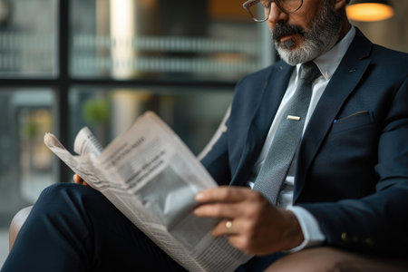 A man dressed in a formal suit attentively reading a newspaper while sitting in a coffee shop, Close-up shot of a businessman reading a financial newspaper, AI Generatedの素材