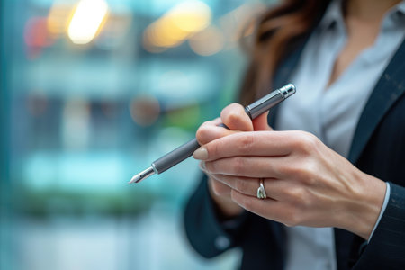 A woman is seen holding a cell phone in her hand and actively texting, Close-up view of a businesswoman's hand holding a pen, AI Generatedの素材