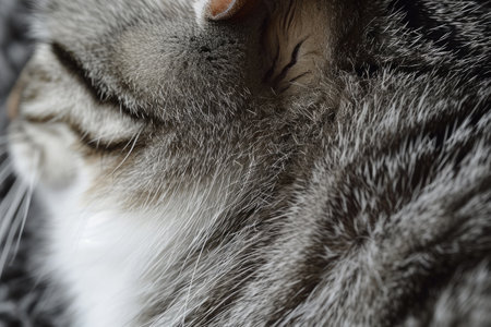 A close-up photograph capturing a cat in a dozing state, with its eyes gently closed, Close-up view of a cat's furry coat, AI Generatedの素材