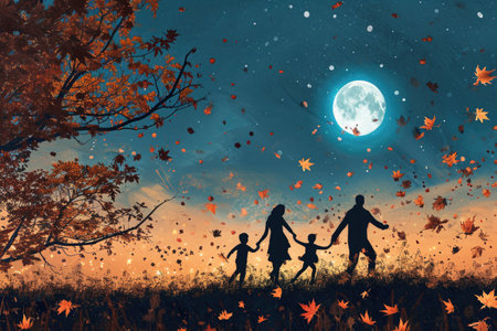 Family Holding Hands Under a Full Moon Painting, Colorful autumn leaves falling as a family walks home from Thanksgiving dinner under the moonlight, AI Generatedの素材