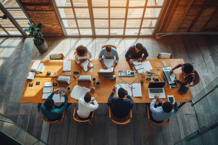 Group of People Sitting Around a Wooden Table at an Outdoor Cafe, Collaborative project discussion scene around a big office table, AI Generatedの素材
