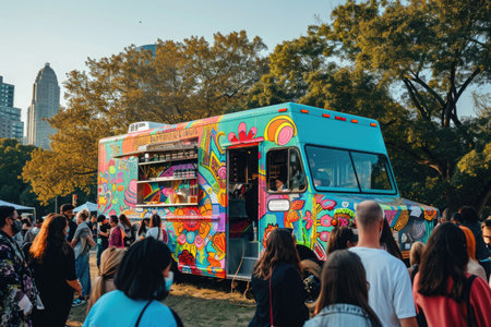 A diverse group of individuals standing together in front of a food truck during a busy street event, Colorful food truck in a crowded city park, AI Generatedの素材