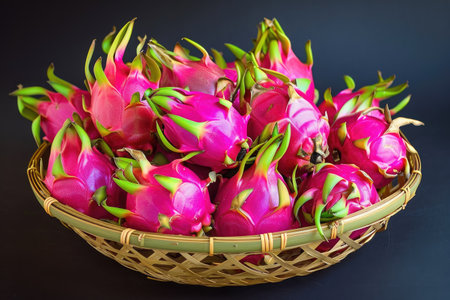 A basket filled with vibrant dragon fruit sits atop a table, Colorful dragon fruits arranged in a golden basket, AI Generatedの素材