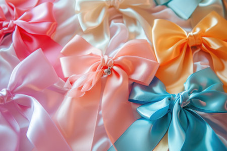 A variety of differently colored bows neatly arranged on a table, Colorful birthday ribbons and bows with a cute charm, AI Generatedの素材