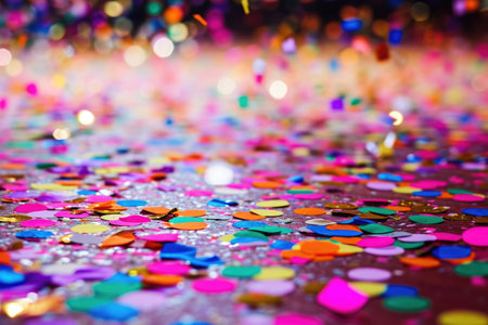 A table filled with an abundance of vibrant confetti in various colors, Colorful confetti scattered on a party floor, AI Generatedの素材