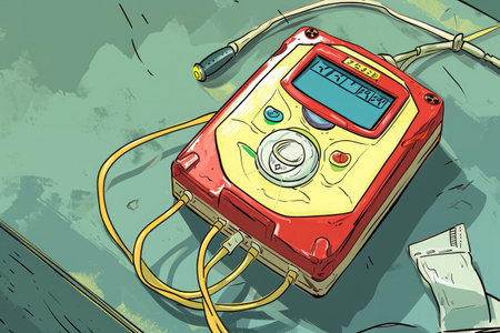 A red and yellow device sits on top of a table, showcasing its vibrant colors, Comic-style illustration of an AED defibrillator, AI Generatedの素材
