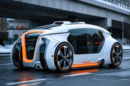 A white and orange car drives down a busy urban street surrounded by tall buildings and other vehicles, Concept of a self-driving electric car, AI Generatedの素材