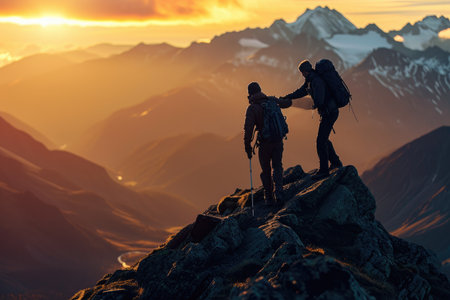 Two people pose triumphantly on the top of the worlds highest peak, Mount Everest, Compassionate hiker boosts the spirits of a friend reaching for the mountain top, AI Generatedの素材