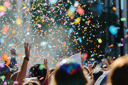A large crowd of people enthusiastically toss confetti in the air, celebrating with excitement and delight, Confetti dropping over a crowd of people at a parade, AI Generatedの素材