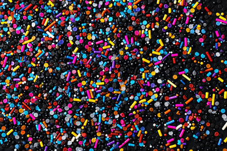 Colorful sprinkles and confetti are scattered on a black background, creating a vibrant and festive scene, Confetti sprinkles made entirely of binary code, AI Generatedの素材
