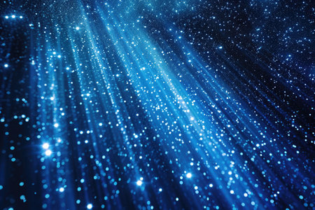 A photo showcasing a blue background filled with stars and illuminated by radiant light beams, Constellation of stars formed from binary code, AI Generatedの素材