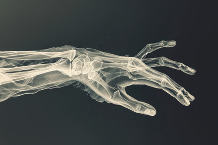 A hand gripping tightly on a smartphone, raised in the air, against the backdrop of a dramatic lightning storm, Cool-tone 3D interpretation of a human hand X-ray, AI Generatedの素材