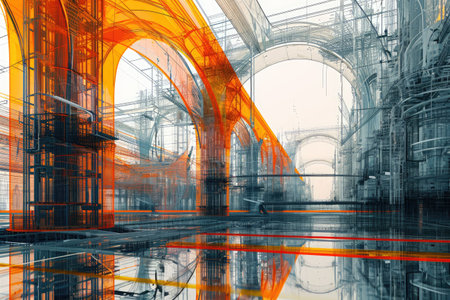 Abstract Painting of a Building With Arches and Archways, Construction engineering project of the future seen through layers of designs and structures, AI Generatedの素材