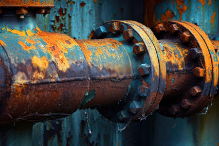 A close-up photo of a pipe covered in rust on one side, Contrasting colors of rusting industrial pipelines, AI Generatedの素材