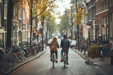 A man and a woman joyfully ride bicycles alongside each other on a bustling city street, Couple bicycling through quaint streets of Amsterdam, AI Generatedの素材