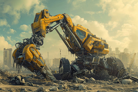 A yellow and black robot stands atop a pile of rubble, showcasing its strength and resilience, Construction machinery transforming into robots on a futuristic site, AI Generatedの素材