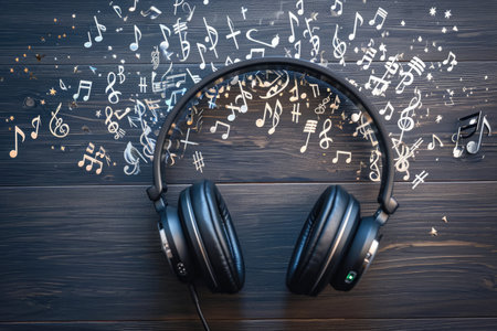 Pair of Headphones Resting on Wooden Floor, Create an image of headphones with various music notes emerging that can represent many types of musical podcast genres, AI Generatedの素材