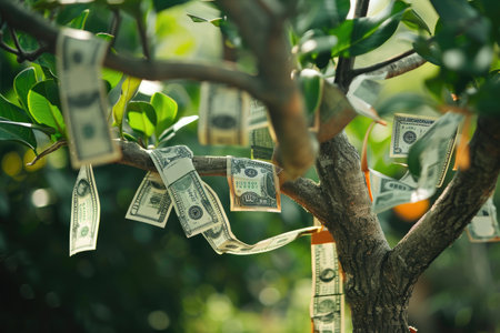 A photo of a tree with various denominations of money hanging from its branches, Currency bills growing on a tree depicting money growth, AI Generatedの素材