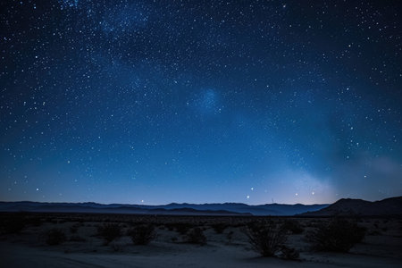 A vast desert landscape underneath a clear night sky filled with countless stars, Crystal-clear night sky over desert landscape, AI Generatedの素材