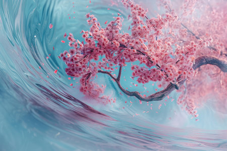 This photo captures a painting featuring a tree adorned with pink flowers, Crisp, swirling whirlwind of cherry blossom pink on an ice blue landscape, AI Generatedの素材