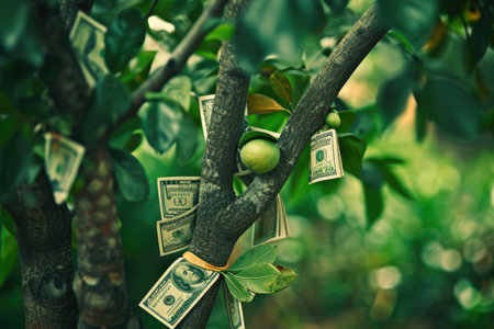 A photo of a tree adorned with various denominations of money hanging from its branches, Currency bills growing on a tree depicting money growth, AI Generatedの素材