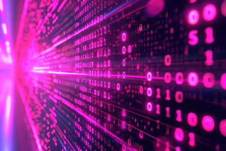 A close-up photograph of a computer screen displaying an abundance of numbers and numerical data, Cyberpunk-inspired pink and purple binary code, AI Generatedの素材