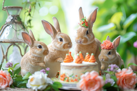 A group of several rabbits sitting together and surrounding a cake on a table, Cute rabbit family celebrating a birthday with carrot cake, AI Generatedの素材
