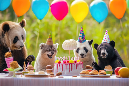 Various animals, including mammals and birds, standing around a table with a cake in a natural setting, Cute animals celebrating a birthday party together, AI Generatedの素材