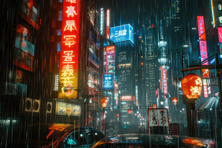 A bustling city street comes alive at night with a multitude of colorful neon signs lighting up the scene, Cyberpunk city filled with neon signs in heavy rain, AI Generatedの素材