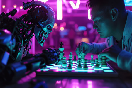 A man engages in a game of chess with a robot standing beside him, Cyborg playing chess against a human in a neon-lit room, AI Generatedの素材