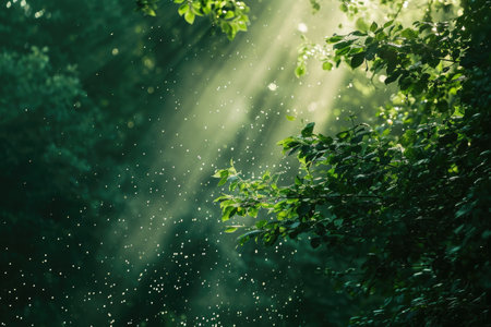 The bright sunlight filters through the lush green leaves of a maple tree, Dappled sunlight effect on a forest green backdrop, AI Generatedの素材