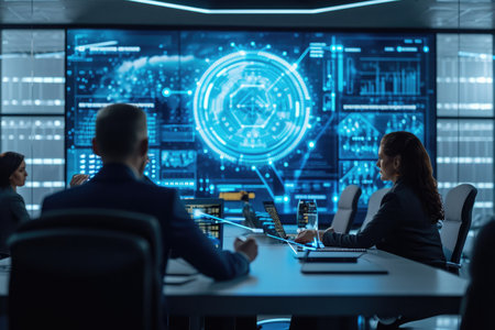 A diverse group of business professionals actively engaged in a discussion during a meeting at a conference table, Cybersecurity strategy meeting in a high-tech boardroom, AI Generatedの素材
