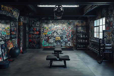 Graffiti-Adorned Gym Walls Showcase Urban Artistry, Dark and grungy garage style gym with graffiti artworks, AI Generatedの素材