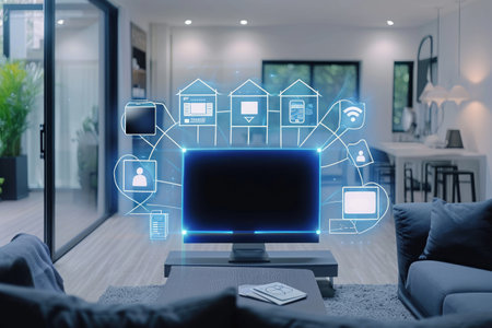 A well-lit living room featuring a television and an abundance of distinctive icons displayed prominently, Data flowing from a computer to multiple devices in a smart home setting, AI Generatedの素材