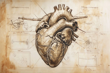 A highly detailed and accurate drawing of a human heart, sketched on a regular white piece of paper, Da Vinci inspired sketch of an artificial heart, AI Generatedの素材