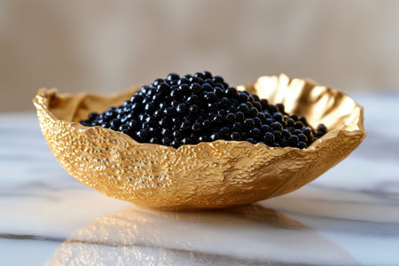 A gold bowl filled with plump, juicy blackberries sits atop a wooden table, Decadent black caviar in a gold-leaf dish, AI Generatedの素材