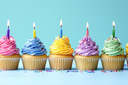 A close-up, high-resolution photograph showcasing a neat row of colorful cupcakes, each topped with a lit candle, Delicious looking birthday cupcakes arranged in a neat row, AI Generatedの素材