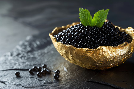 A gold bowl filled with black pearls sits alongside a vibrant green leaf, Decadent black caviar in a gold-leaf dish, AI Generatedの素材
