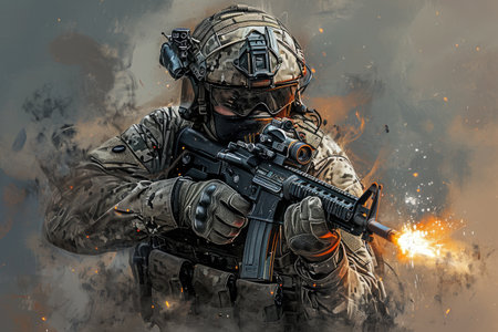 A soldier firmly grips a gun in his hand, showcasing his military prowess and preparedness, Detailed illustration of modern Special Forces soldier in full gear, AI Generatedの素材